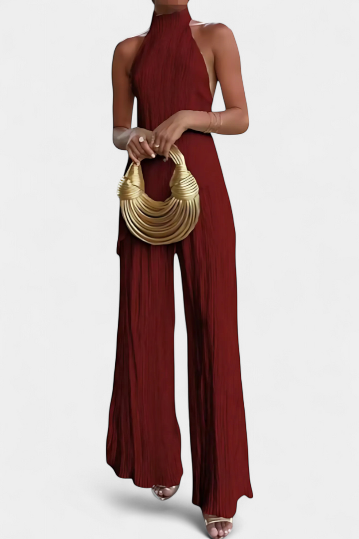 Pilarica Conjunto Plisado con Top Asimétrico Halter y Pantalón Fluido
