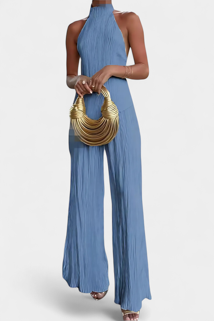 Pilarica Conjunto Plisado con Top Asimétrico Halter y Pantalón Fluido
