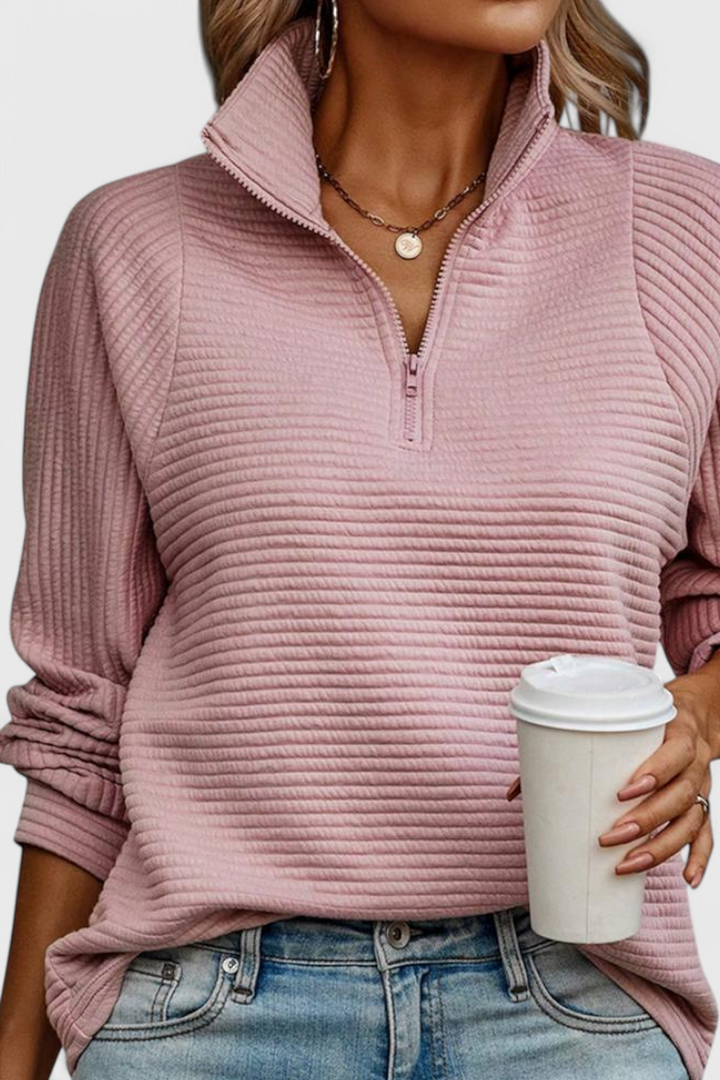 Helene Jersey de Cuello en V con Cremallera y Manga Larga