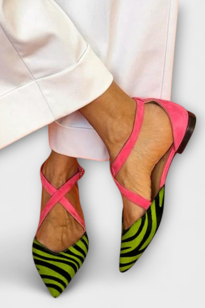 Fenna Bailarinas con Estampado de Cebra y Tiras Cruzadas