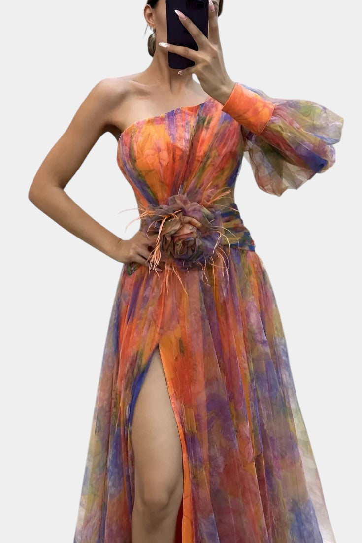 Amelie Vestido Maxi Asimétrico de Un Hombro con Estampado Artístico