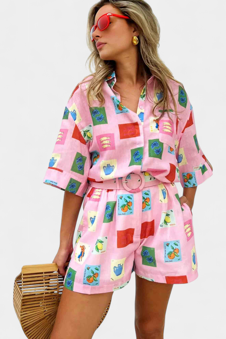 Mariluz Conjunto de Camisa y Shorts con Estampado Rosa