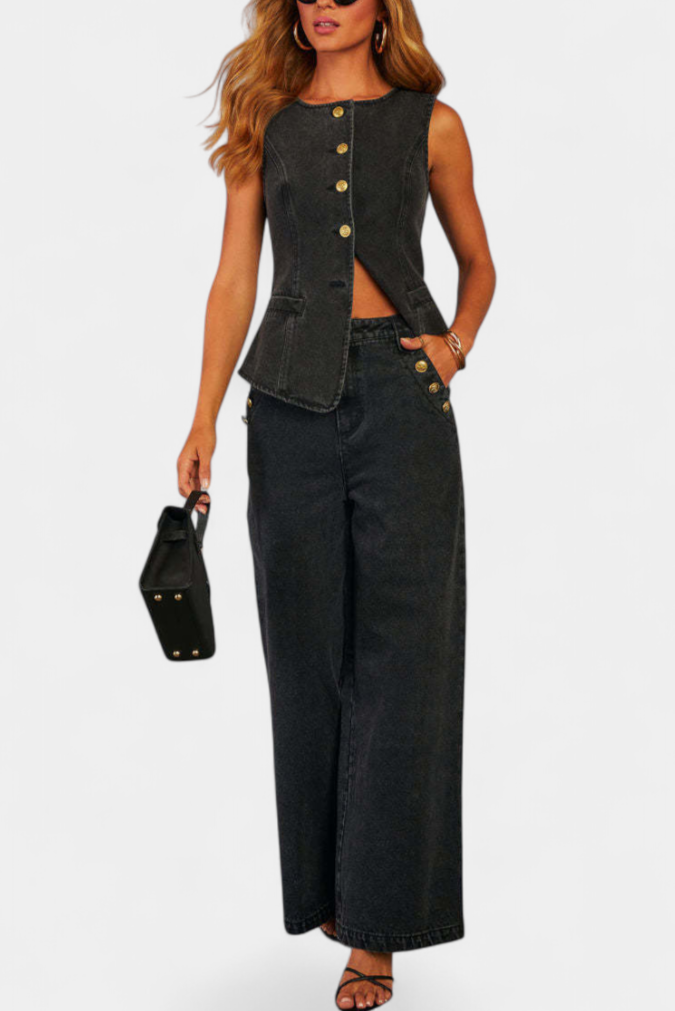 Ludovica Conjunto de Denim con Chaleco Ajustado y Jeans de Pierna Ancha