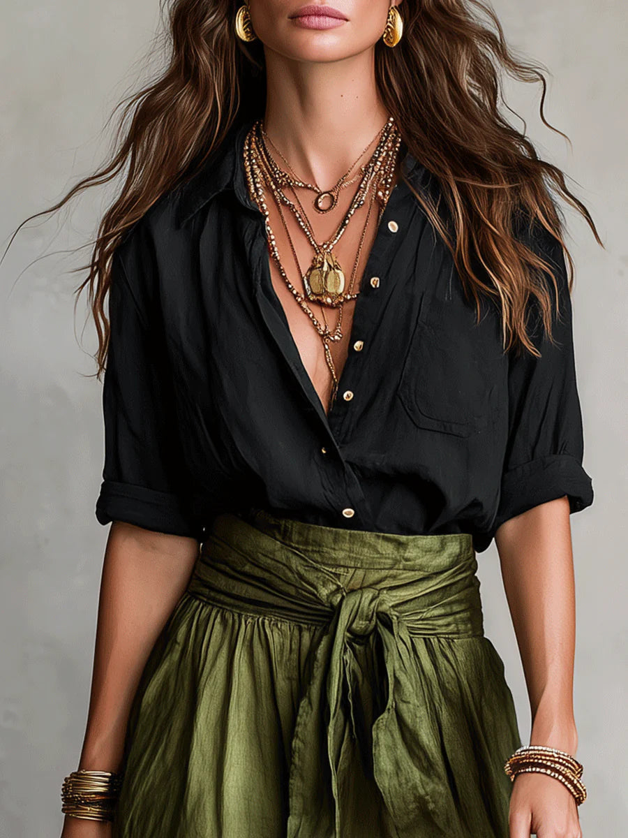 Alesia™ | Conjunto Elegante Blusa Negra & Falda Midi Oliva