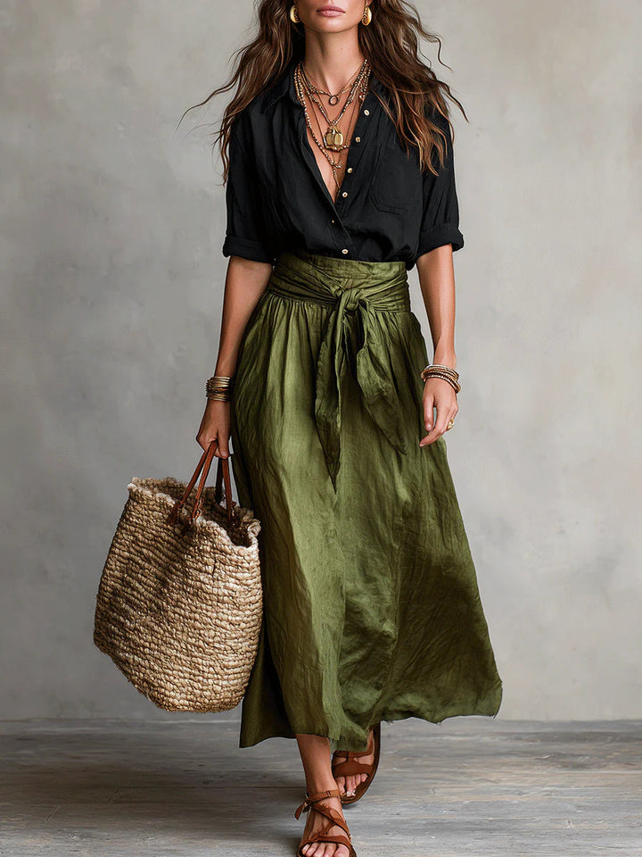 Alesia™ | Conjunto Elegante Blusa Negra & Falda Midi Oliva