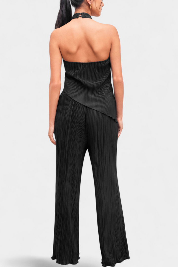 Pilarica Conjunto Plisado con Top Asimétrico Halter y Pantalón Fluido