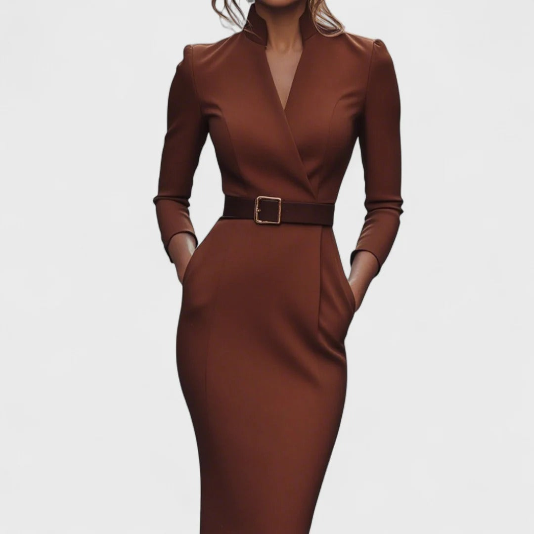 Mandarin Vestido Negro Elegante con Cinturón y Cuello