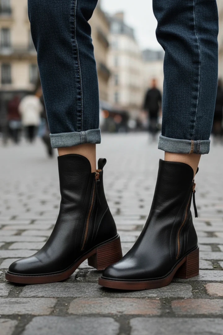 Valorine Bota de Cuero Negra con Tacón Cómodo