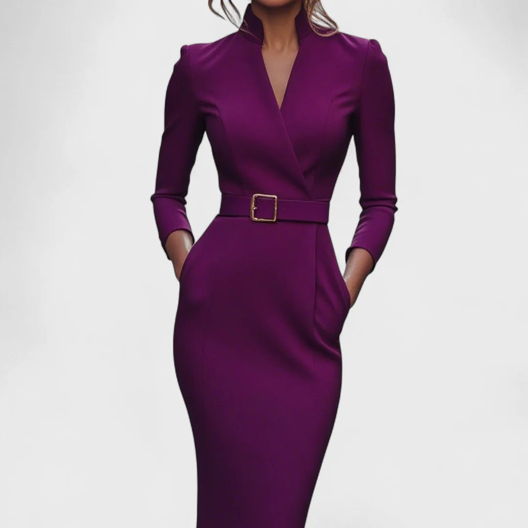 Mandarin Vestido Negro Elegante con Cinturón y Cuello