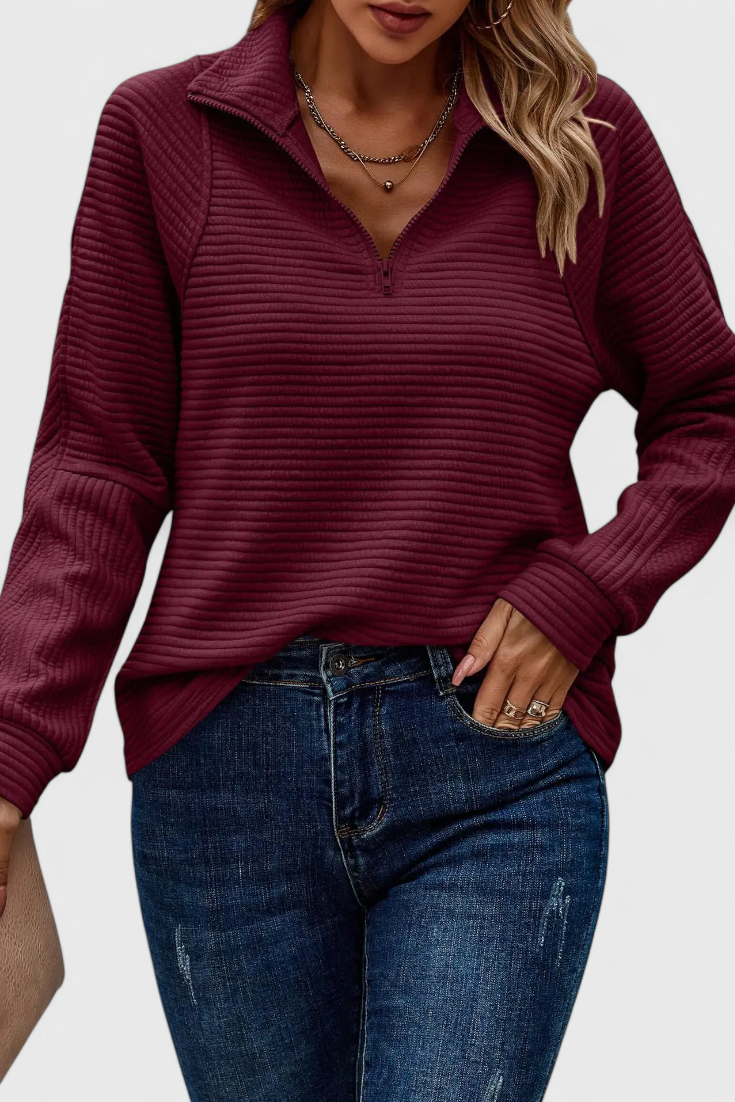 Helene Jersey de Cuello en V con Cremallera y Manga Larga